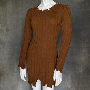 Womens Sweater Dress Cable Knit Brown Distressed Asymmetrical Hem Small Fall